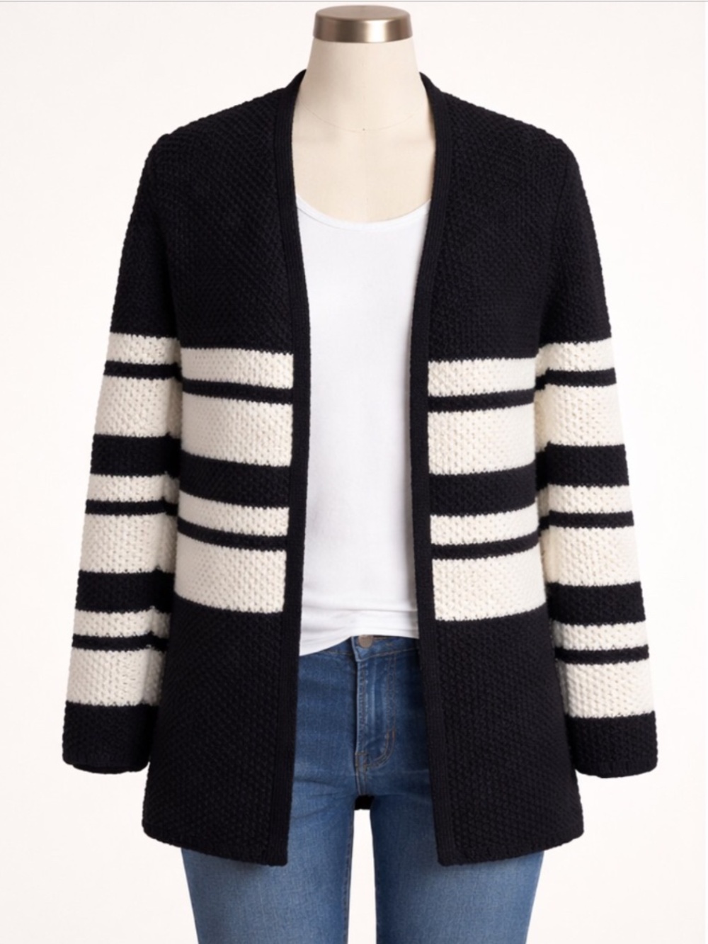 Talbots Navy Blue & White Striped Open-Front Cardigan, Relaxed fit,Easy Learning